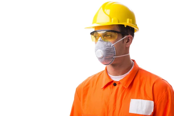 Construction worker with protective mask isolated on white Stock Picture