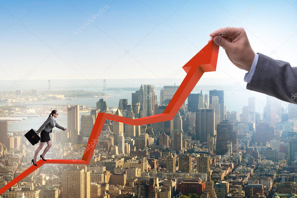 Businesswoman climbing line chart in economic recovery concept