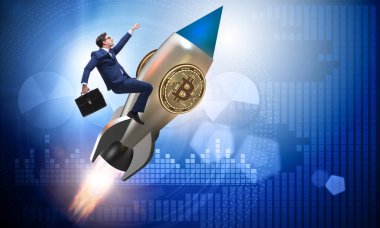 Bitcoin fiyatında roketle uçan işadamı yükselen konsept