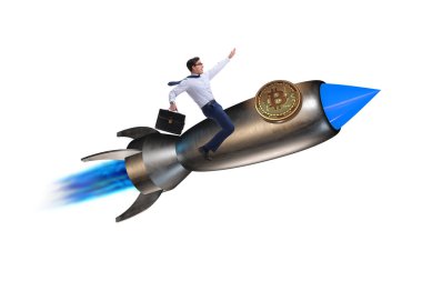 Bitcoin fiyatında roketle uçan işadamı yükselen konsept