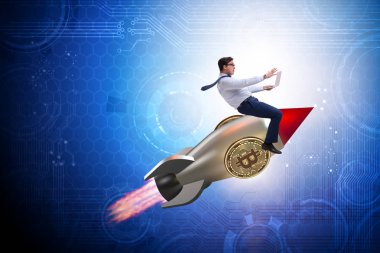 Bitcoin fiyatında roketle uçan işadamı yükselen konsept