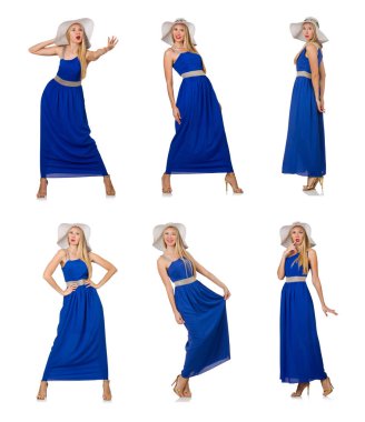 Uzun mavi elbiseli güzel kadın, beyaz tenli.