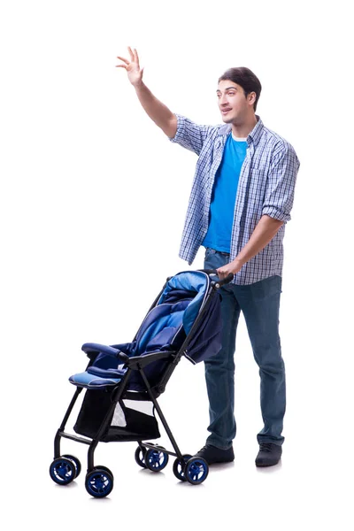 Ung pappa med baby barnvagn isolerad på vit — Stockfoto