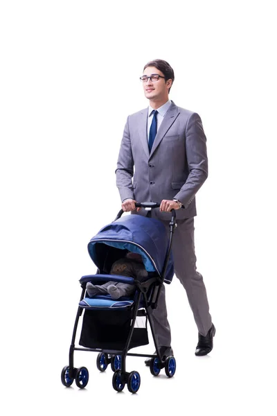 Young dad businessman with baby pram isolated on white — Stock Photo, Image