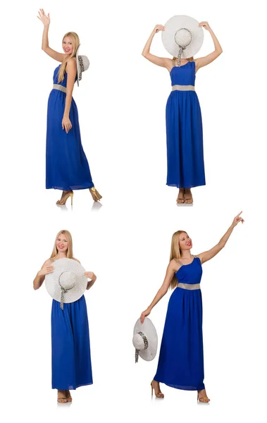 Schöne Frau im langen blauen Kleid isoliert auf weiß — Stockfoto