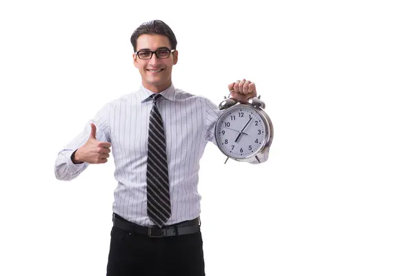 Ung affärsman i time management koncept på vit bakgrund — Stockfoto