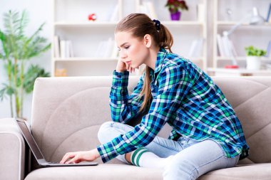 Kanepede dizüstü bilgisayarla oturan bir kız öğrenci.