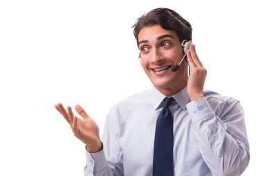 Kulaklıklı adam beyaz arkaplanda izole edilmiş.