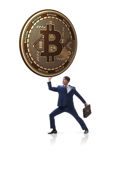 Empresario sosteniendo bitcoin en concepto blockchain criptomoneda —  Fotos de Stock