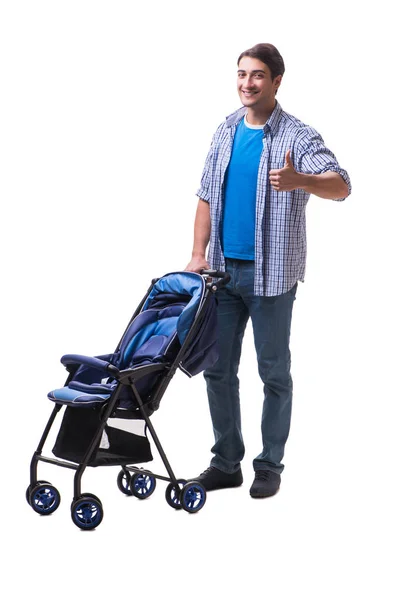 Young dad with child pram isolated on white — Stock Photo, Image