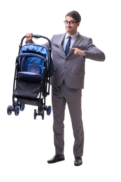 Ung affärsman ammande barn i barnvagn isolerad på vitt — Stockfoto