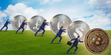 İşadamı bitcoin cryptocurrency kavramında iterek