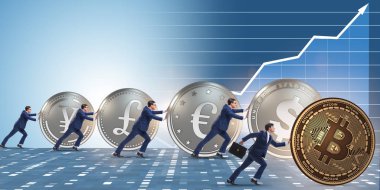 İşadamı bitcoin cryptocurrency kavramında iterek