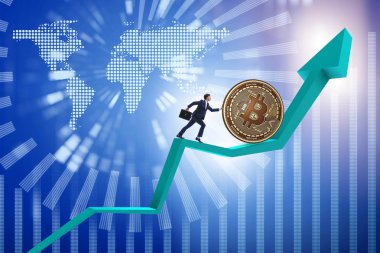İşadamı, kripto para zinciri konseptinde bitcoin basıyor