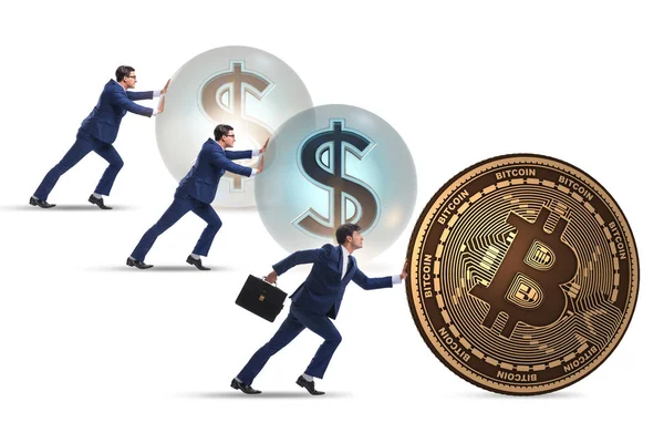 Biznesmen pchanie bitcoin w kryptowaluta koncepcji blockchain — Zdjęcie stockowe