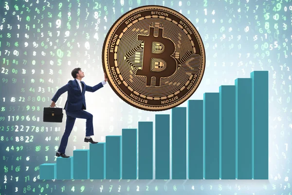 Zakenman duwen Bitcoin in cryptogeld blockchain concept — Stockfoto