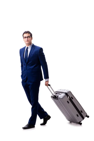 Giovane uomo d'affari con valigia isolata su sfondo bianco — Foto Stock