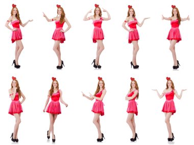 Mini pembe elbiseli, beyaz tenli güzel bir manken.