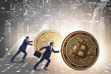 İşadamı, kripto para zinciri konseptinde bitcoin basıyor