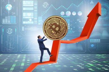 İşadamı, kripto para zinciri konseptinde bitcoin basıyor
