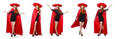 Kırmızı elbiseli Meksikalı kadın beyaz üzerine