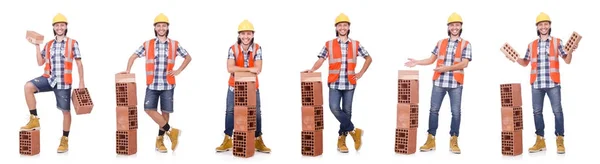 Construtor com tijolos de argila isolados em branco — Fotografia de Stock