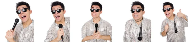 Muž s mikrofonem izolovaný na bílém — Stock fotografie