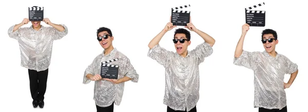 Hombre con película clapperboard aislado en blanco —  Fotos de Stock