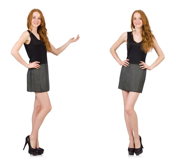 Red hair girl in gray dress isolated on white — Stock Photo, Image