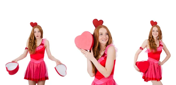 Pretty young model in mini pink dress holding gift box isolated — Stock Photo, Image