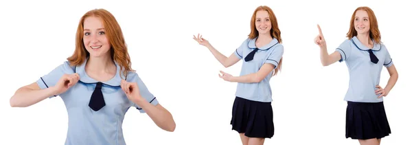 Joven estudiante mujer apuntando aislado en blanco — Foto de Stock