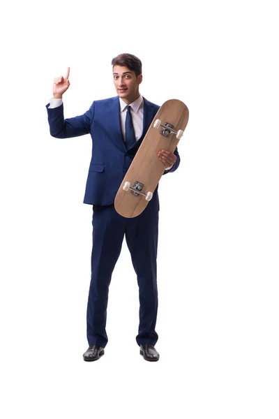 Geschäftsmann mit Skateboard isoliert auf weißem Hintergrund — Stockfoto