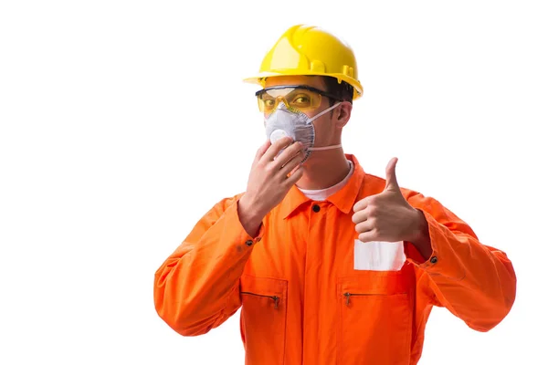 Bouwvakker met beschermend masker geïsoleerd op wit — Stockfoto