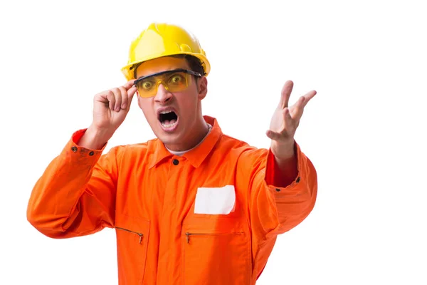 Trabajador de la construcción con sombrero duro aislado en blanco —  Fotos de Stock
