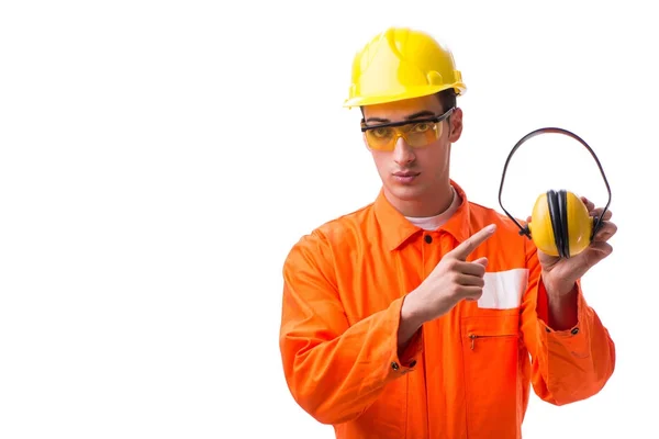 Trabajador de la construcción con auriculares de cancelación de ruido — Foto de Stock