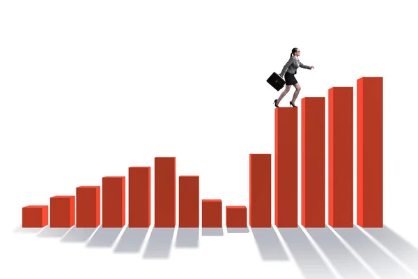 Imprenditrice arrampicata grafico a barre nel concetto di ripresa economica — Foto Stock