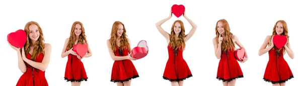 Young girl in red dress with  heart casket isolated on white — Stock Photo, Image