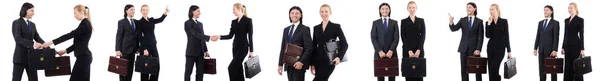 Бізнесмен і бізнес-леді з портфелями ізольовані на білому — стокове фото