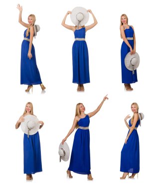 Uzun mavi elbiseli güzel kadın, beyaz tenli.