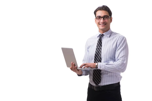 Giovane uomo d'affari con laptop isolato su sfondo bianco — Foto Stock