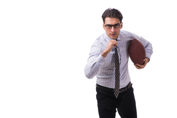 Молодой бизнесмен с американским футболом изолирован на белом
