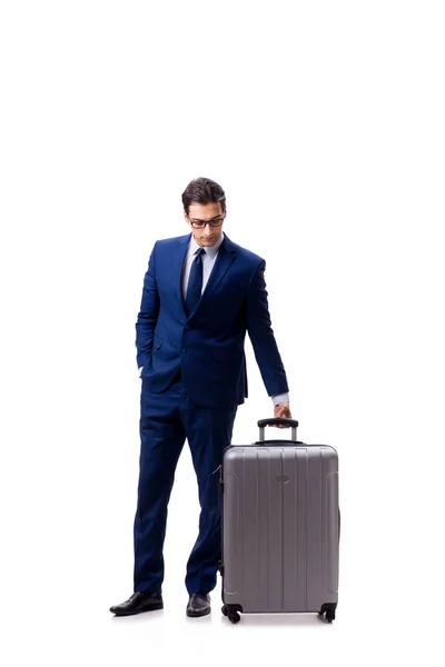 Jovem empresário com mala isolada em fundo branco — Fotografia de Stock