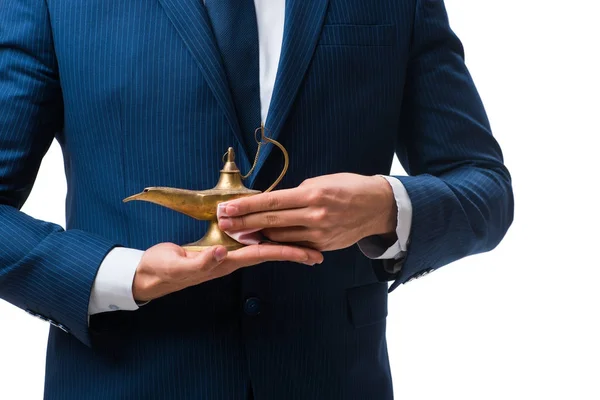 Businessman with magic lamp isolated on white — Stock Photo, Image