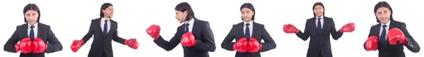 Affärsman med boxhandskar på vit — Stockfoto