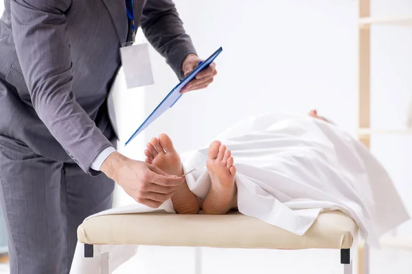 Police coroner examining dead body corpse in morgue — Stock Photo, Image