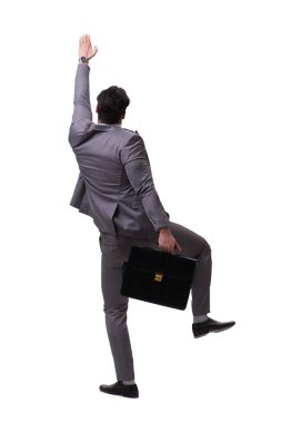 İşadamı beyaz üzerine izole edilmiş sanal engeli tırmanıyor