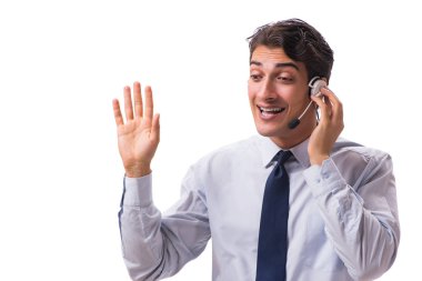 Kulaklıklı adam beyaz arkaplanda izole edilmiş.