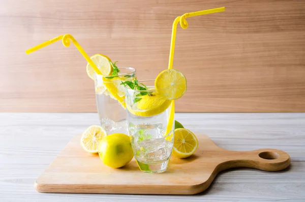 레몬을 곁들인 무지토 절임과 짚을 마시는 모습 — 스톡 사진