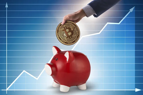 Bitcoin opslaan met spaarpot in bedrijfsconcept — Stockfoto