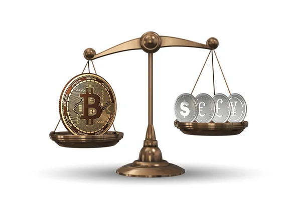 Váhy s bitcoiny a dalšími měnami - 3D vykreslování — Stock fotografie